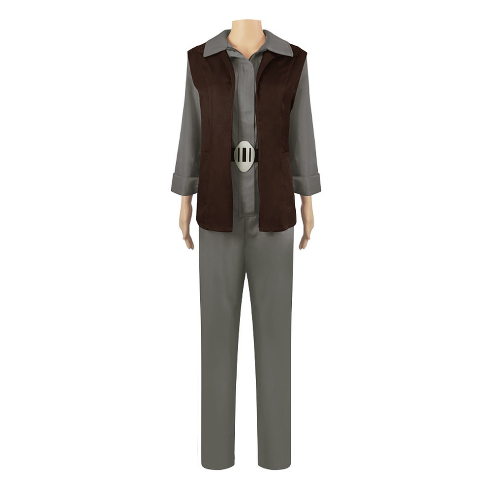 General Leia Organa cosplay costume with grey jumpsuit, brown vest and belt