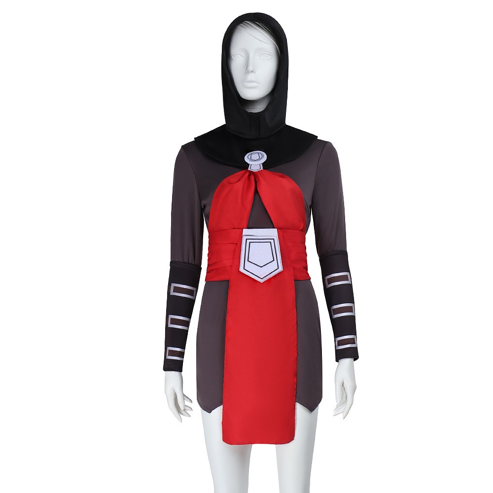 Star Wars Nightsister Merrin cosplay costume with grey dress, black hood and red sash