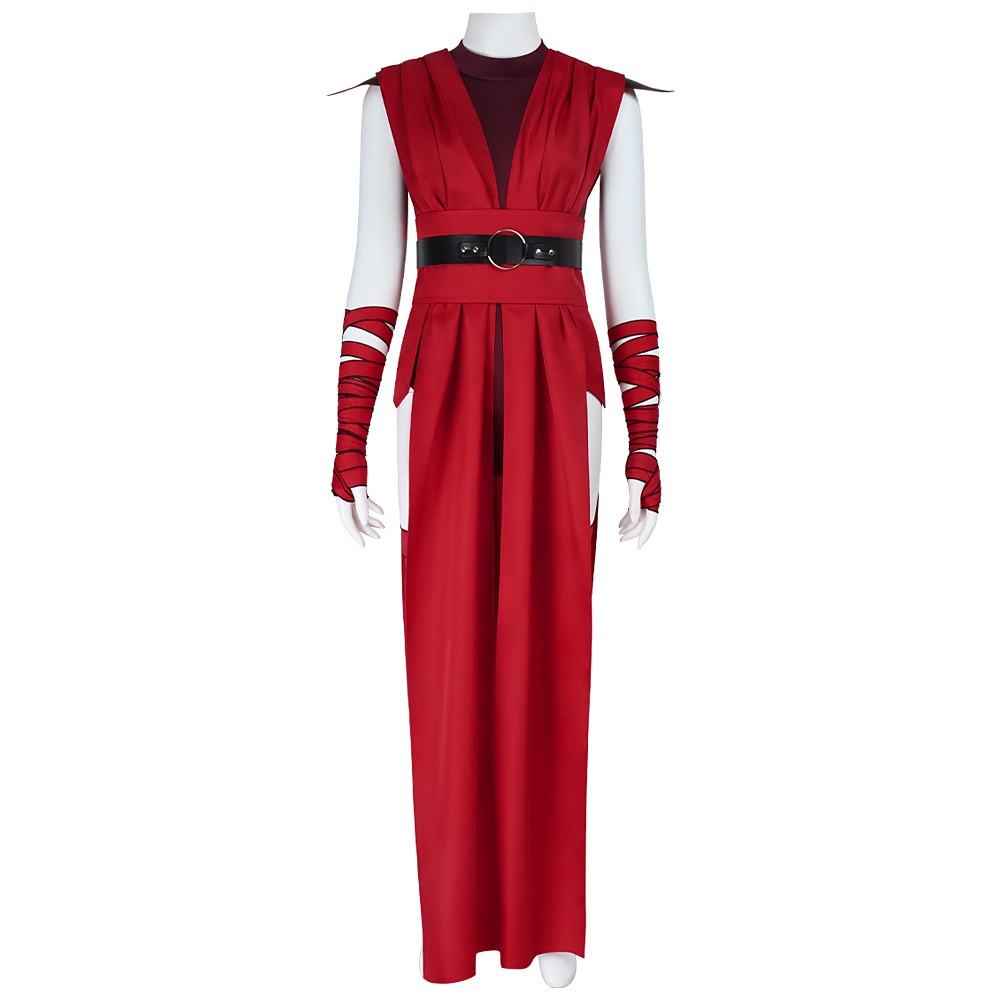 Star Wars Jedi Survivor Nightsister Merrin red bodysuit costume with shawl, waistband, belt and arm wraps
