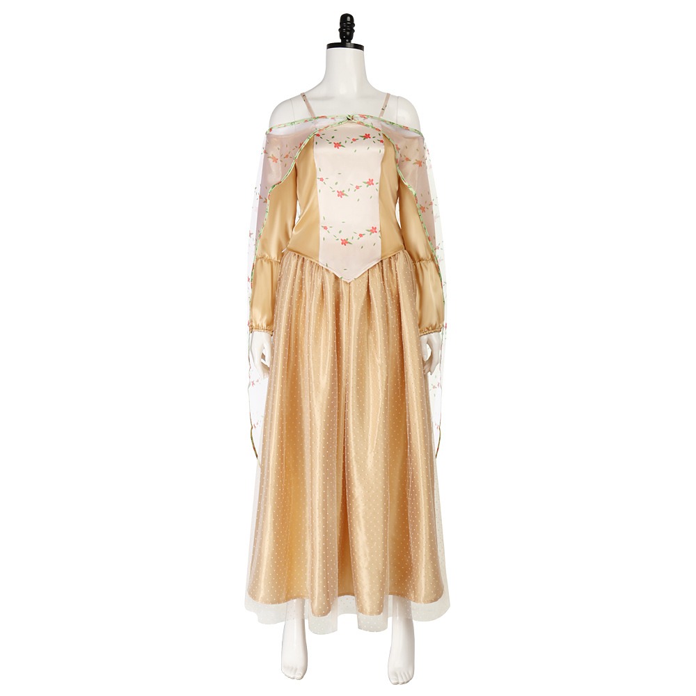 Padmé Amidala gold satin gown with floral sheer cape and gold headpiece