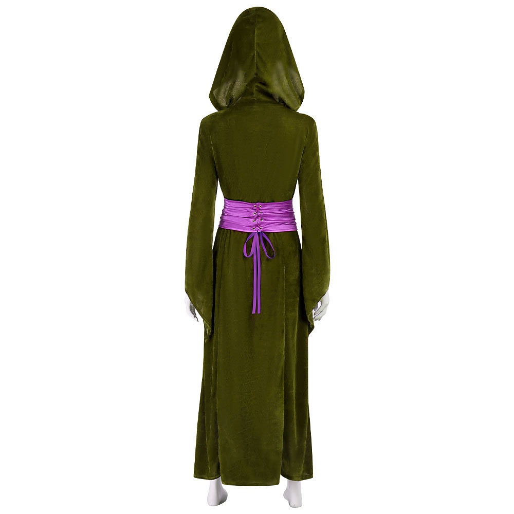 Padme Amidala olive green velvet hooded dress with purple waist sash