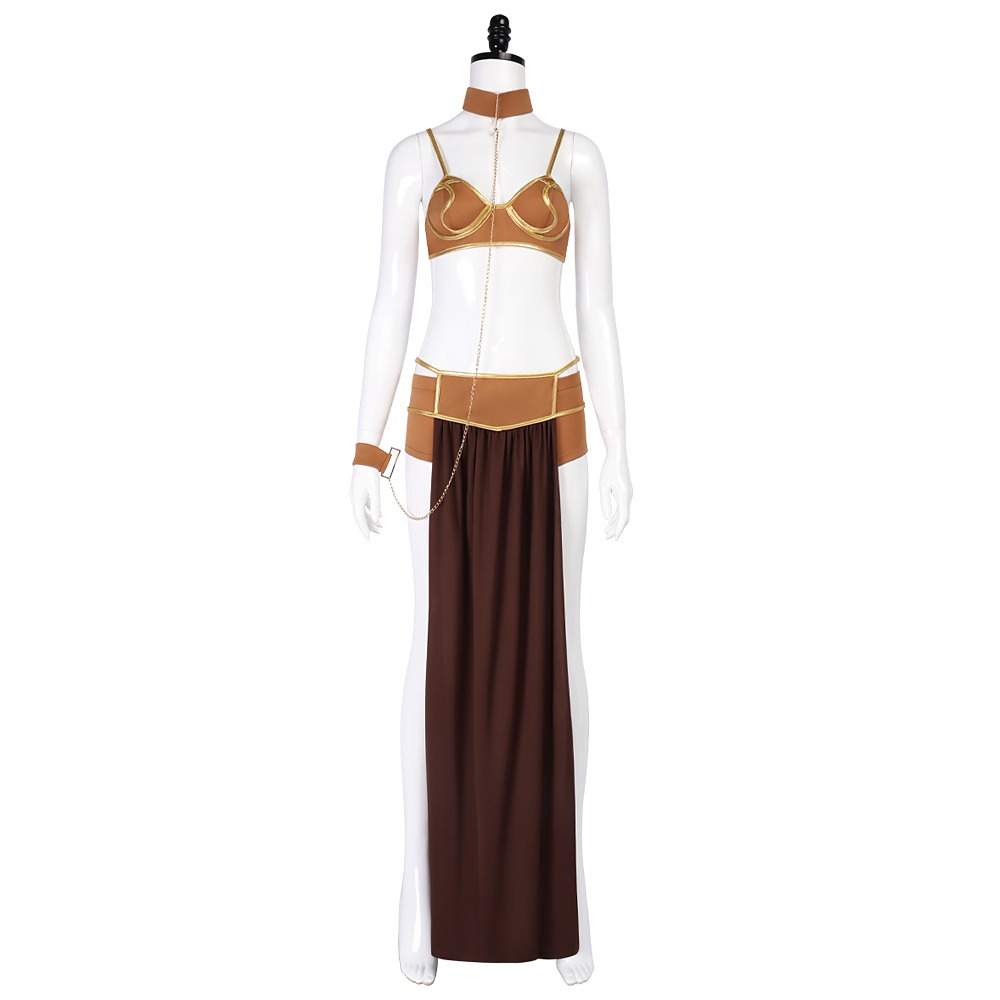 Princess Leia brown bikini top, slit skirt, collar and wrist cuffs costume