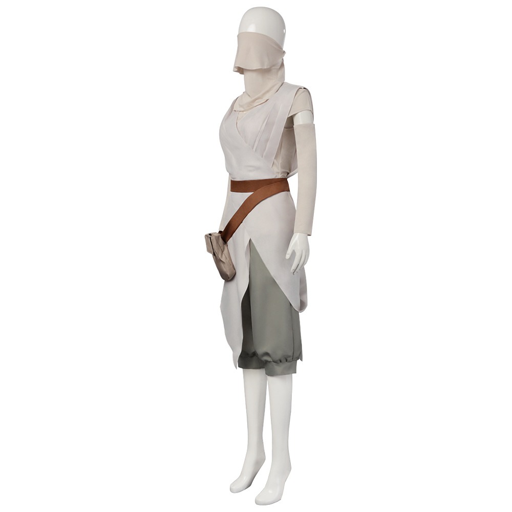Rey Jakku scavenger costume with beige wrap top, grey-green trousers, face wrap and bag
