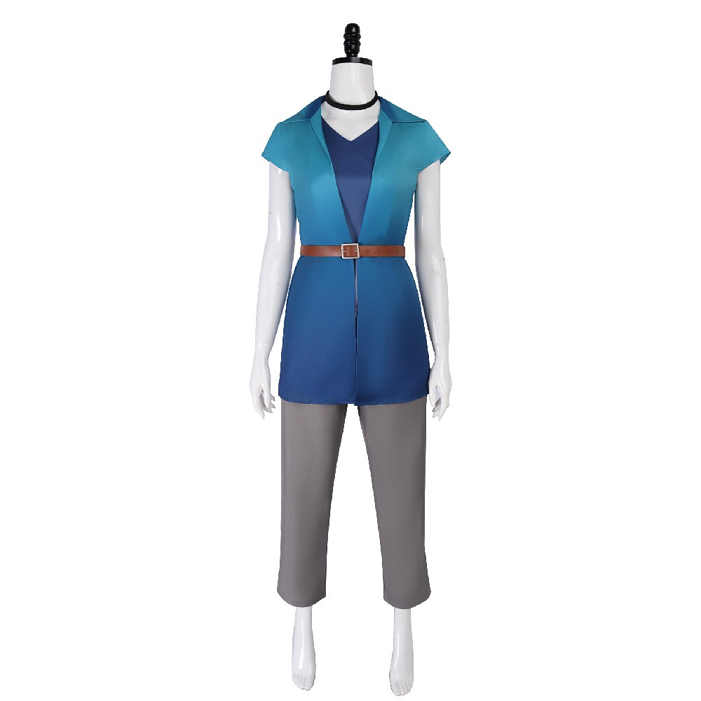 Stardew Valley Abigail cosplay costume with teal vest, navy V-neck shirt, cropped grey trousers and brown belt