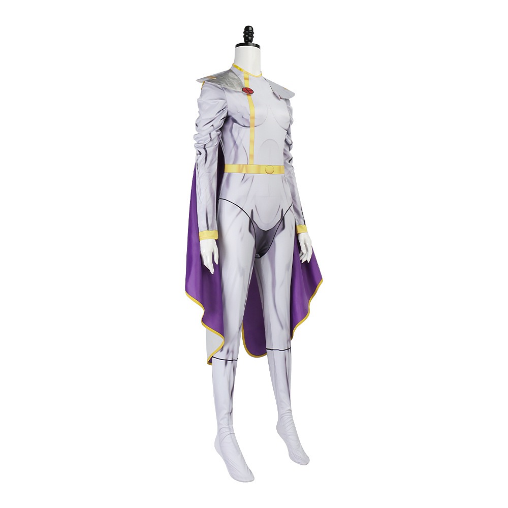 X-Men '97 Storm costume with white bodysuit, purple cape and silver shoulder pieces