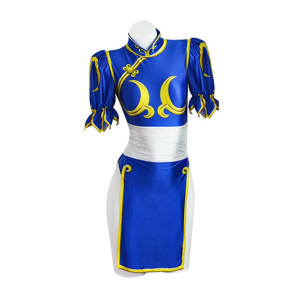 Street Fighter 6 Chun-Li cosplay costume in classic blue qipao bodysuit with sash skirt