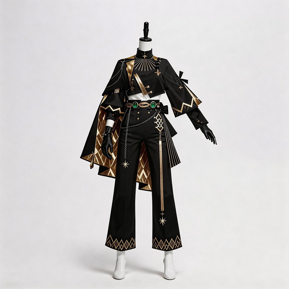 Hoshimachi Suisei Budokan cosplay costume with black and gold cropped jacket, cape, wide trousers and jeweled belt