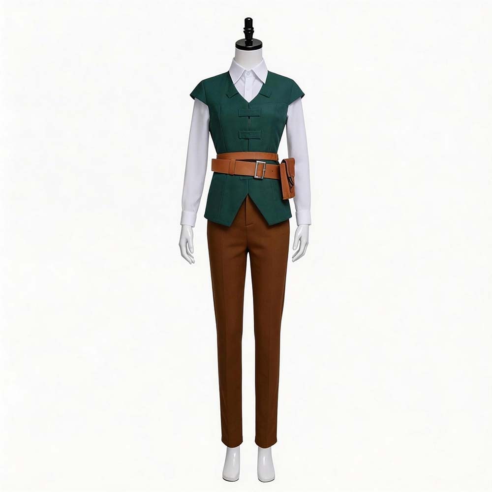 Female Flynn Rider Tangled costume with teal-green vest, white shirt, brown pants and belt with side pouch