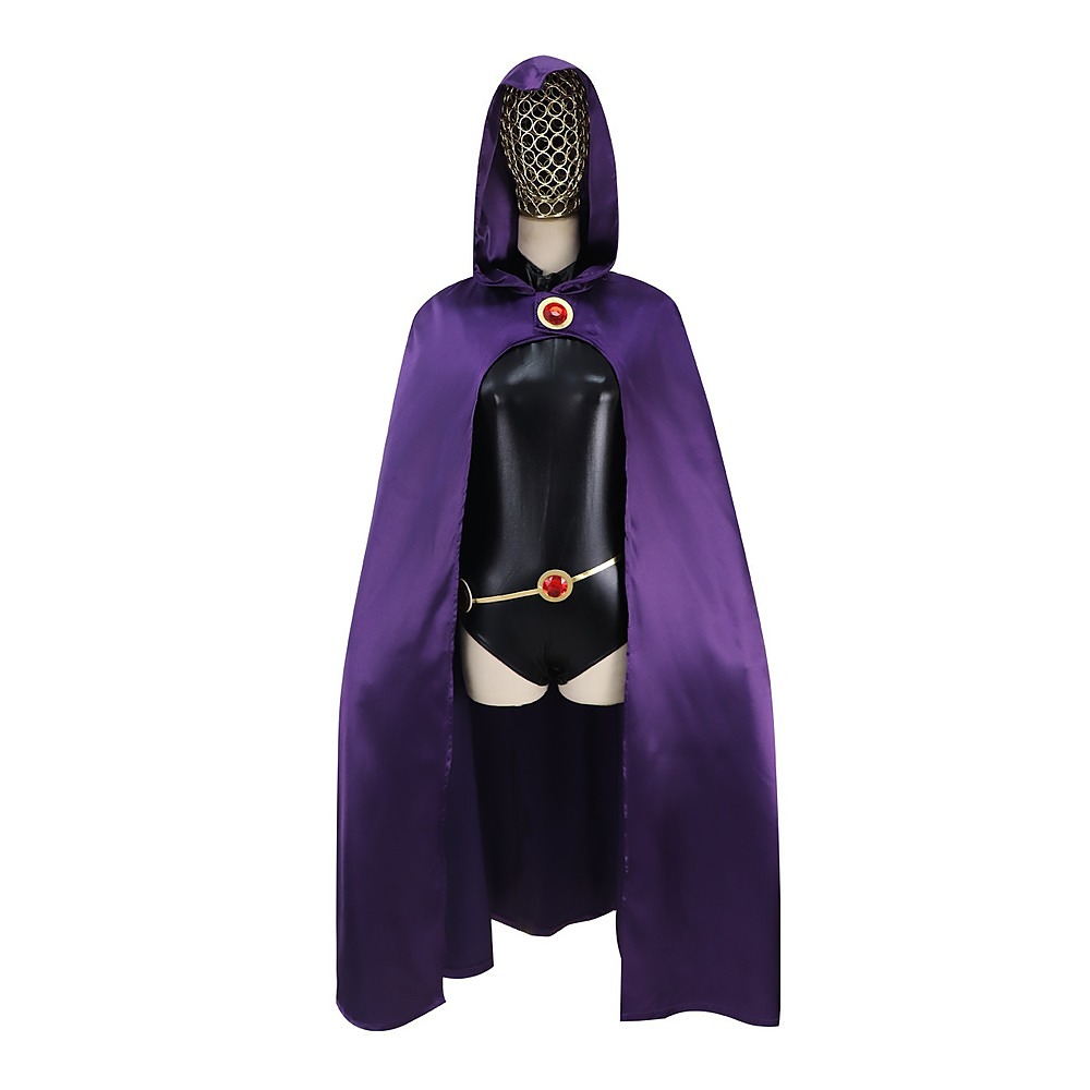 Adult Raven costume with purple hooded cape over black bodysuit and gold belt