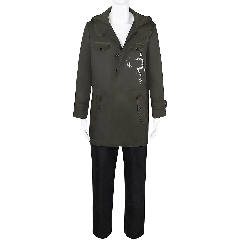 The Batman 2022 Riddler costume with olive green hooded coat, trousers and gloves
