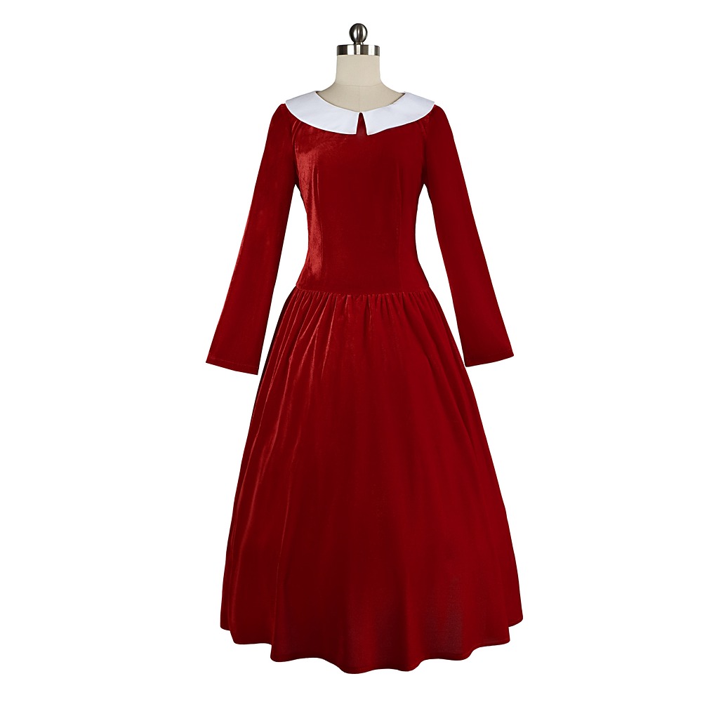 The Evil Within Laura Victoriano red velvet cosplay dress with white collar, front view