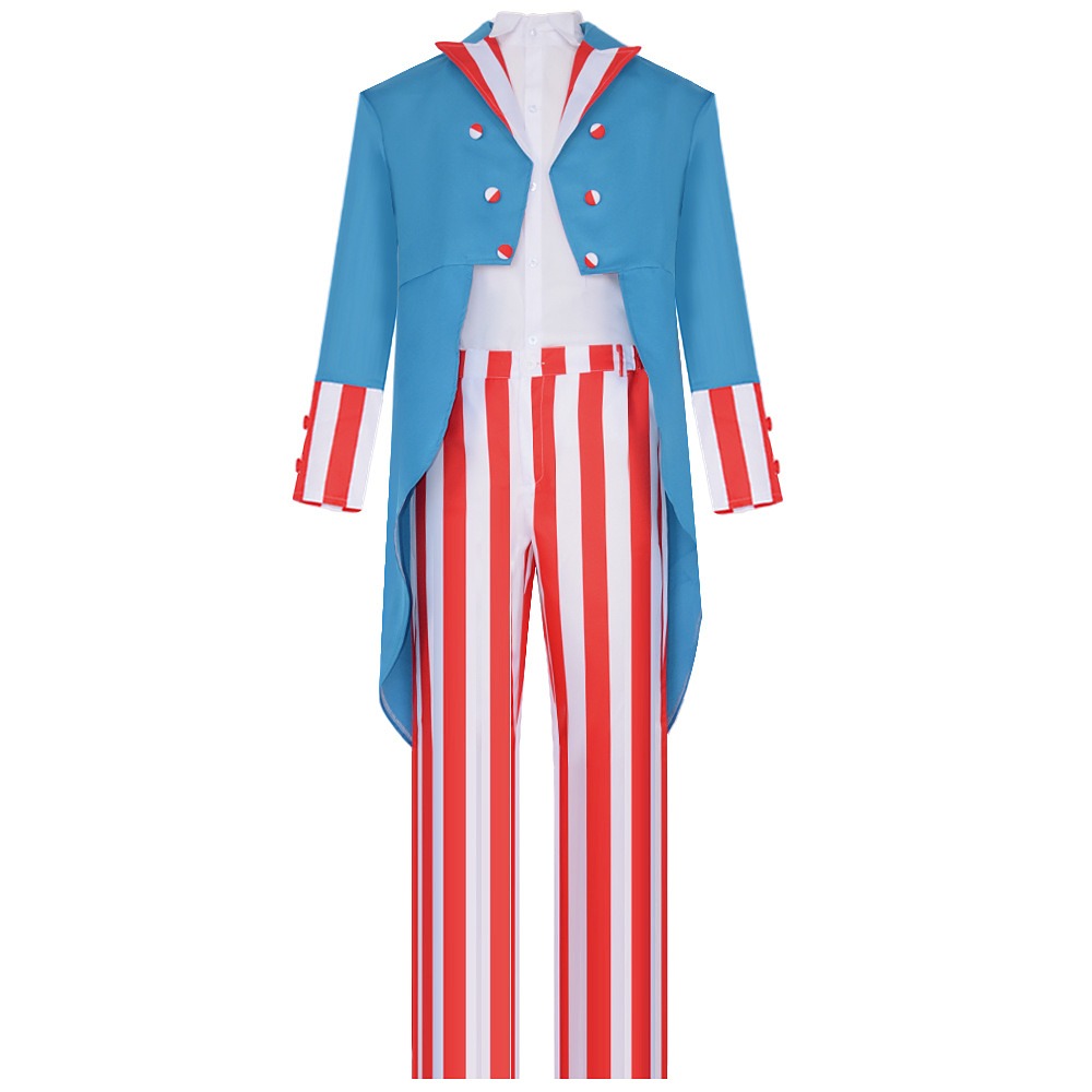 The Purge Uncle Sam costume with blue tailcoat, white shirt and red and white striped trousers