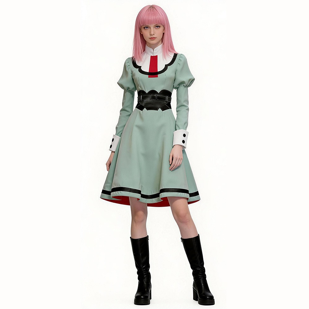 Sapphire mint green puff-sleeve dress with red tie panel and black waist cincher