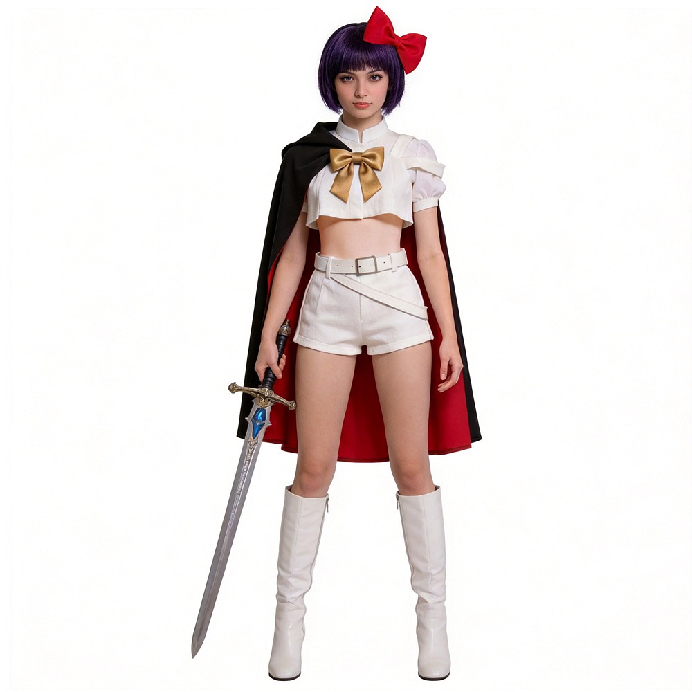 Sapphire Ribbon Knight costume with white crop top and shorts, gold bow, red-lined black cape and red hair bow
