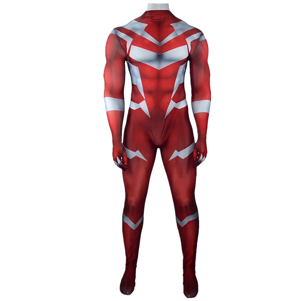 Titans Beast Boy red cosplay bodysuit with grey-white panels and covered hands and feet