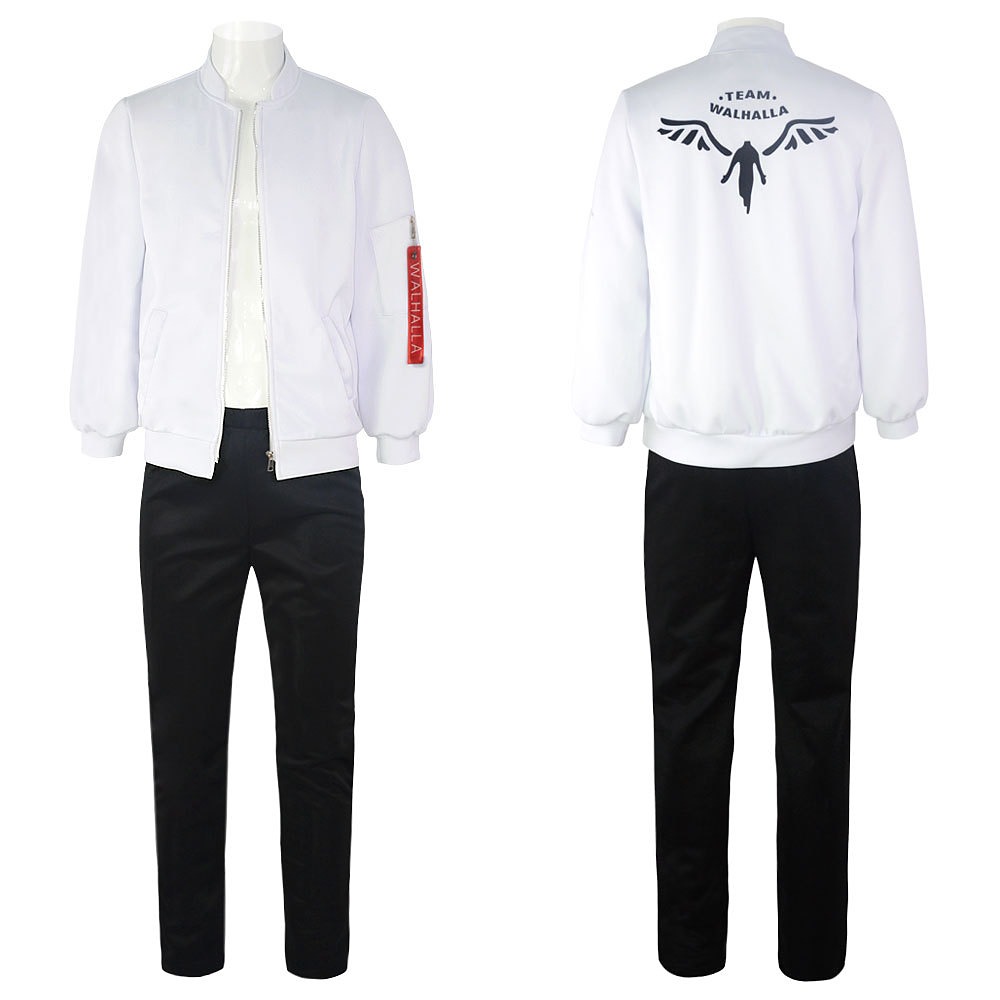 Kazutora Hanemiya Valhalla cosplay costume with white jacket, red sleeve tag and black pants