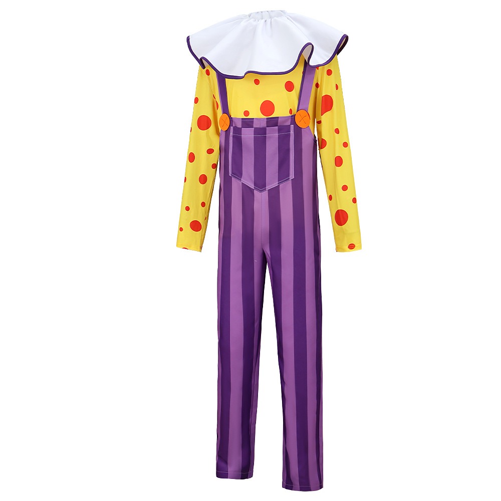 Toy Story Chuckles the Clown costume with striped overalls, neck ruff and gloves