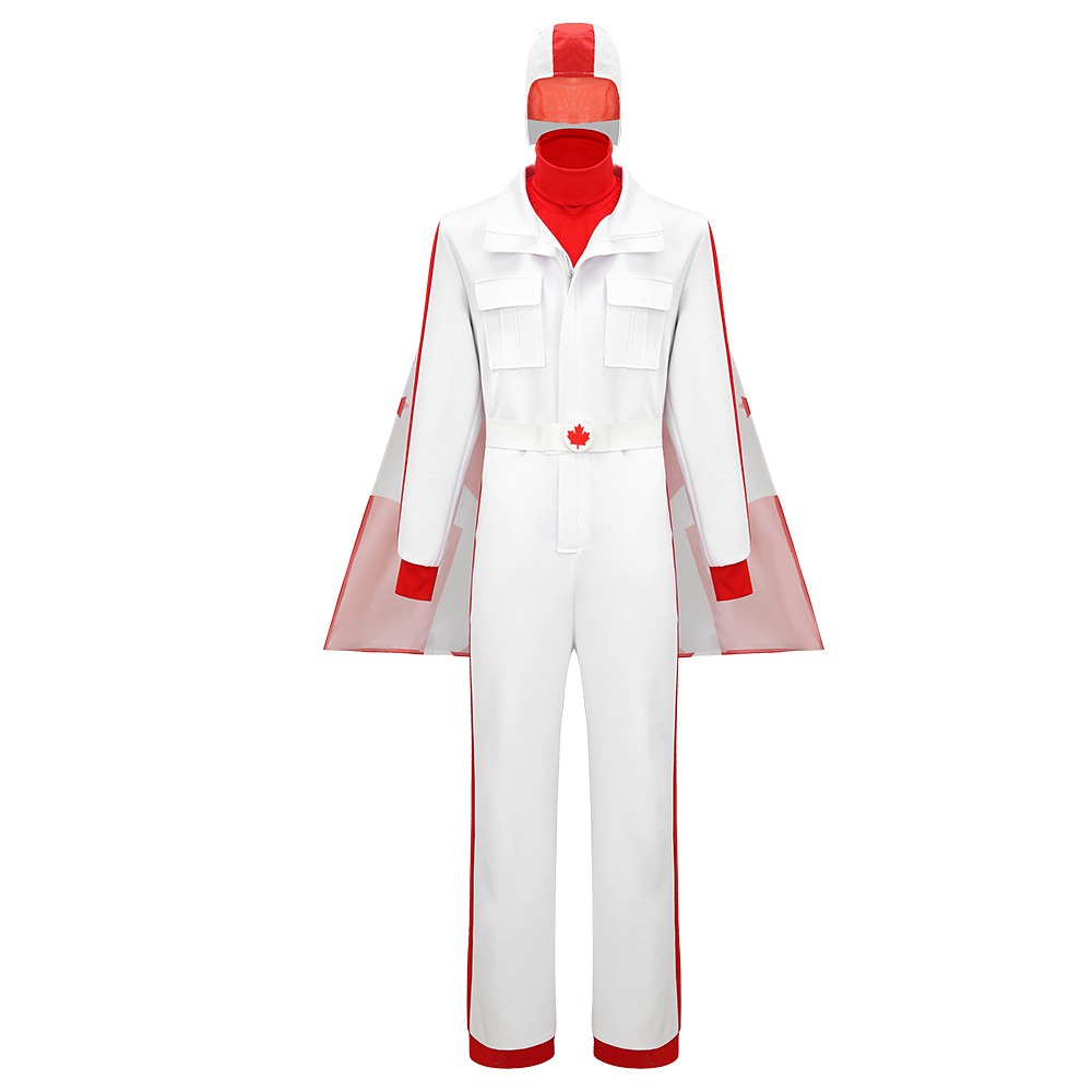 Duke Caboom white stunt jumpsuit costume with maple leaf cape and helmet cap