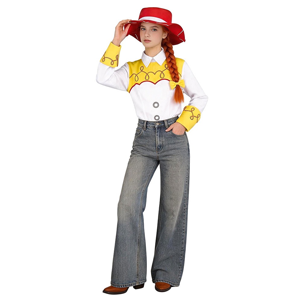 Woman modeling Toy Story Jessie white cowgirl shirt with yellow yoke and red hat