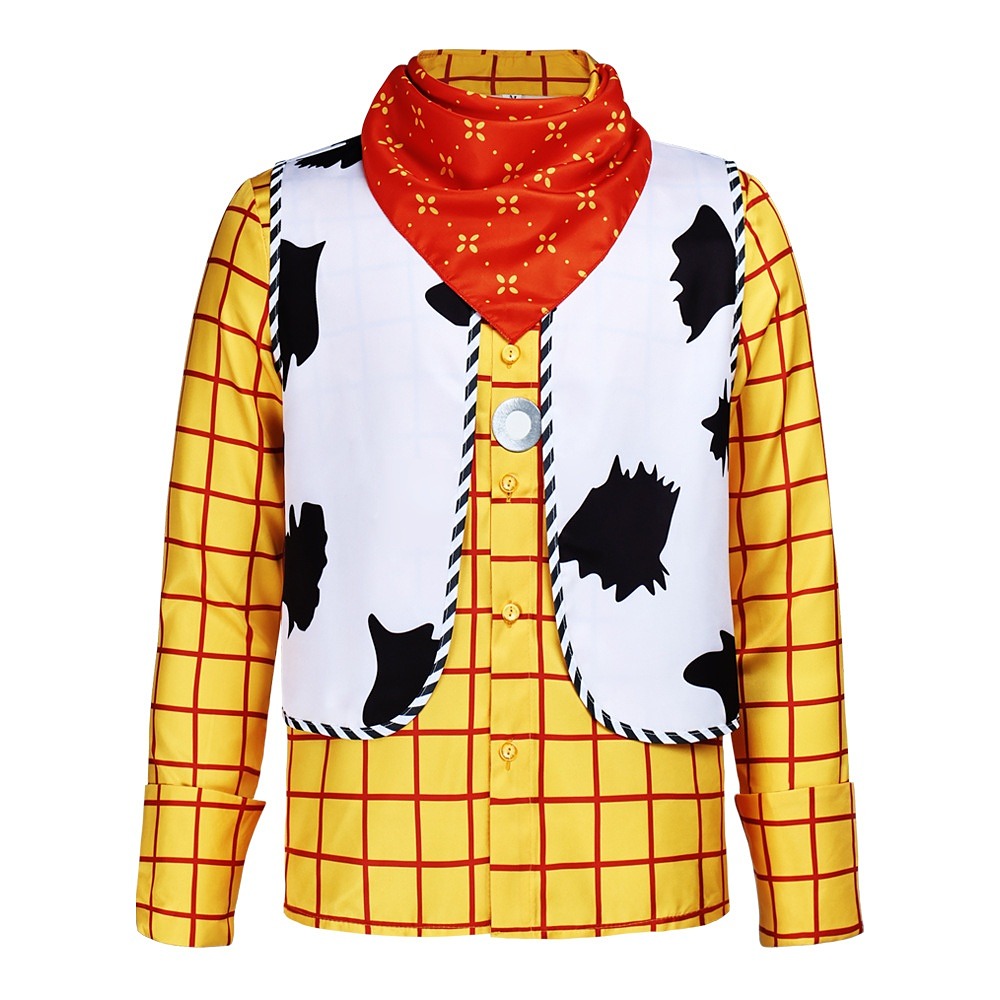 Woody cosplay costume with yellow plaid shirt, cow-print vest and red bandana