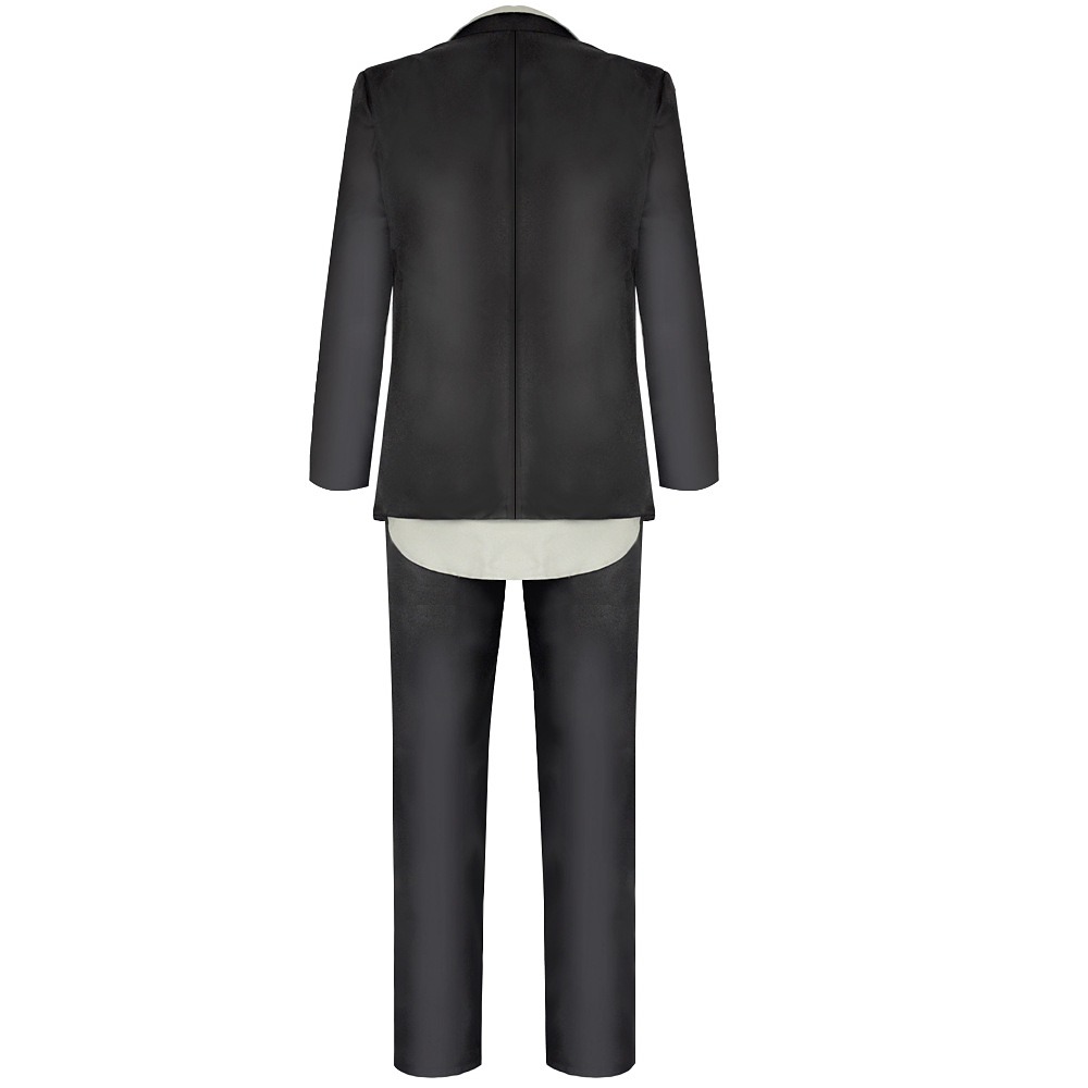Trigun Stampede Nicholas D. Wolfwood costume with black jacket, grey shirt, trousers and sunglasses