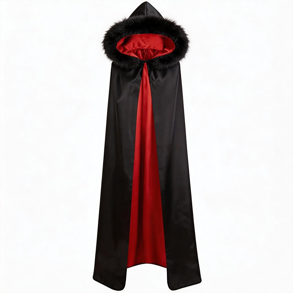 Twilight Volturi black hooded cloak with red lining and faux fur trim
