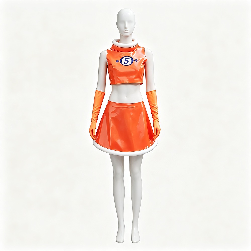 Ulala Space Channel 5 cosplay costume with orange crop top, flared skirt and long gloves