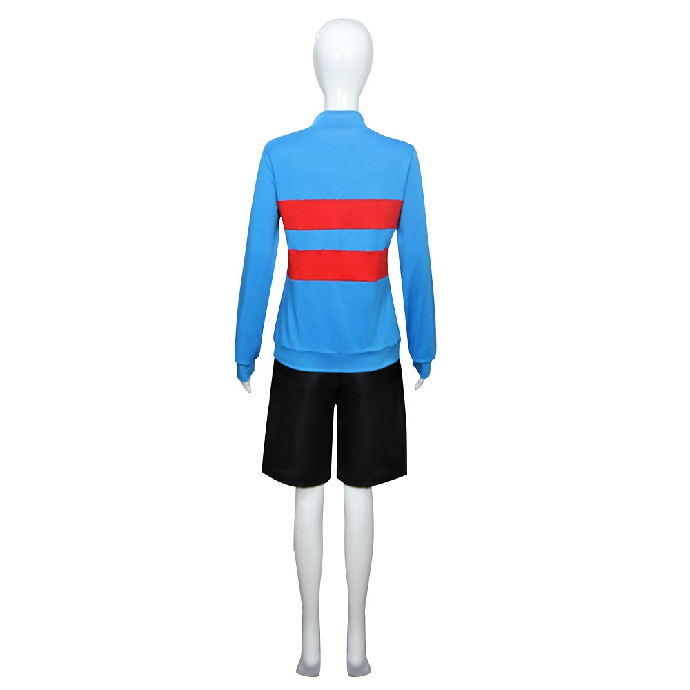 Undertale Frisk cosplay blue mock-neck sweater with two red stripes and black shorts