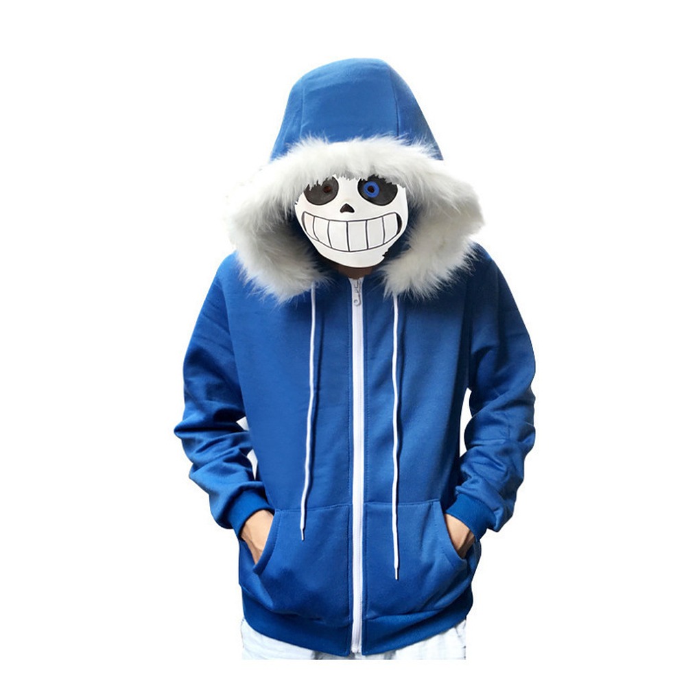 Undertale Sans blue zip-up cosplay hoodie with faux-fur trimmed hood and white drawstrings
