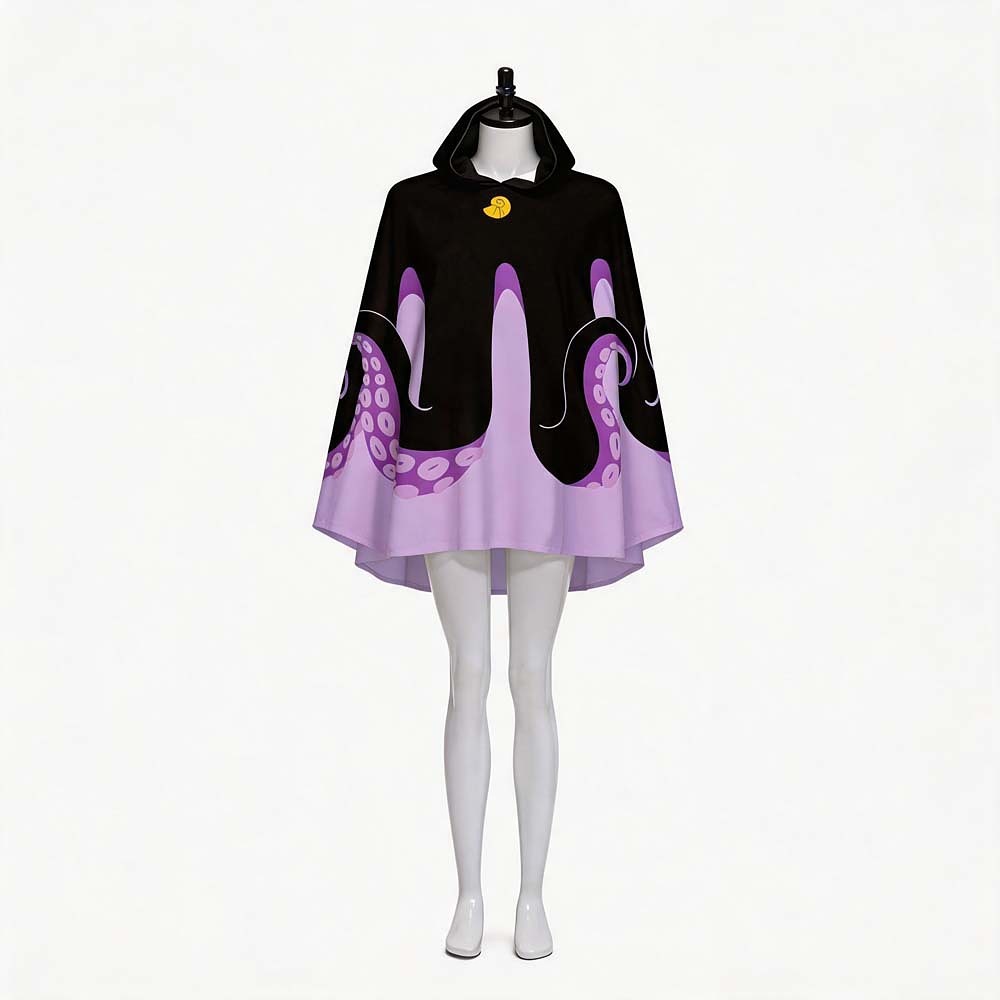 Ursula black hooded cape with purple octopus tentacles rising from a lilac hem