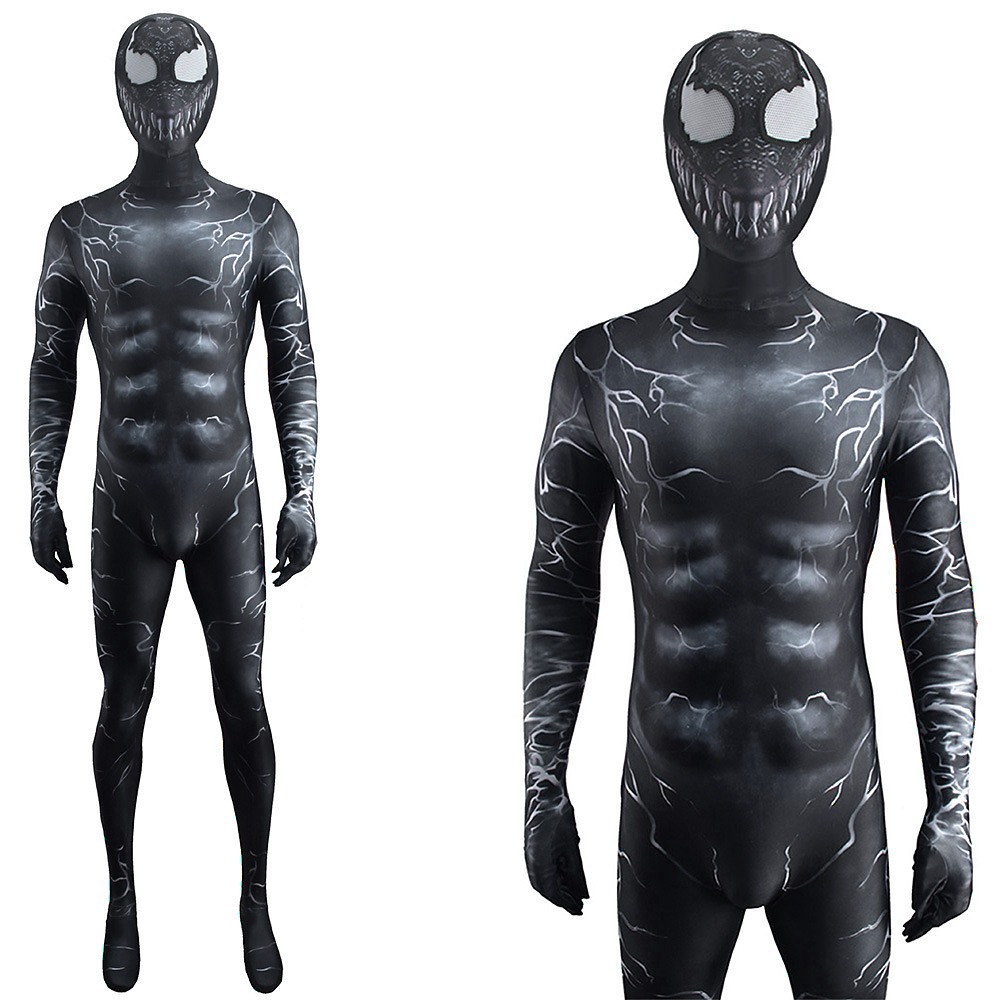 Venom Eddie Brock black symbiote muscle jumpsuit with detachable fanged hood