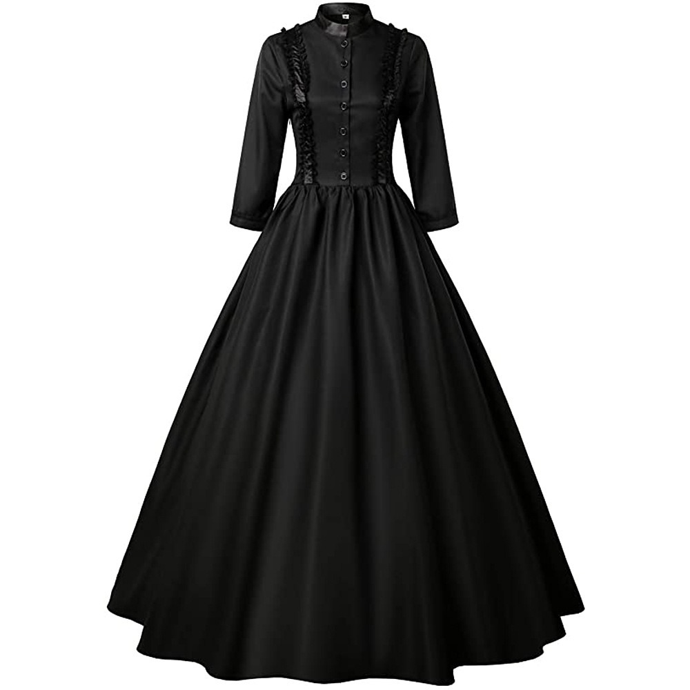 Black Victorian gothic gown with a stand collar, button front bodice, long sleeves and full skirt