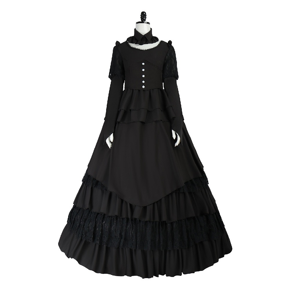 Victorian Gothic black ball gown with lace puff sleeves, ruffle collar and tiered skirt