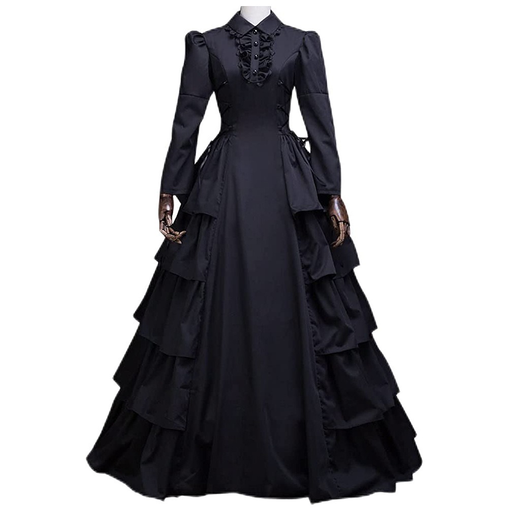 Black Victorian Gothic gown with a high collar, long sleeves and a tiered ruffle skirt