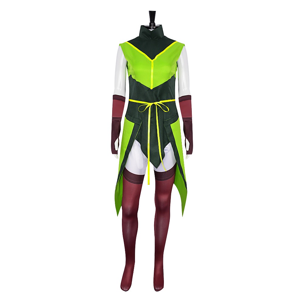 Keyleth cosplay costume with lime green druid tunic, burgundy leggings, arm guards and waist cord