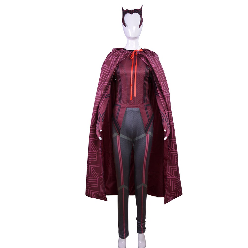 WandaVision Scarlet Witch costume with crimson cape, ribbed red top and pointed headpiece