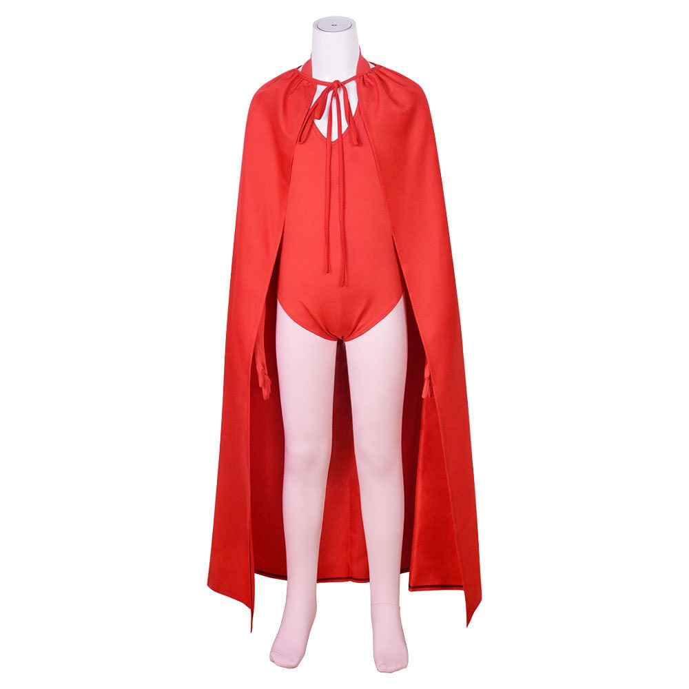 WandaVision classic Halloween Scarlet Witch costume with red leotard, long cape, headpiece, gloves and tights
