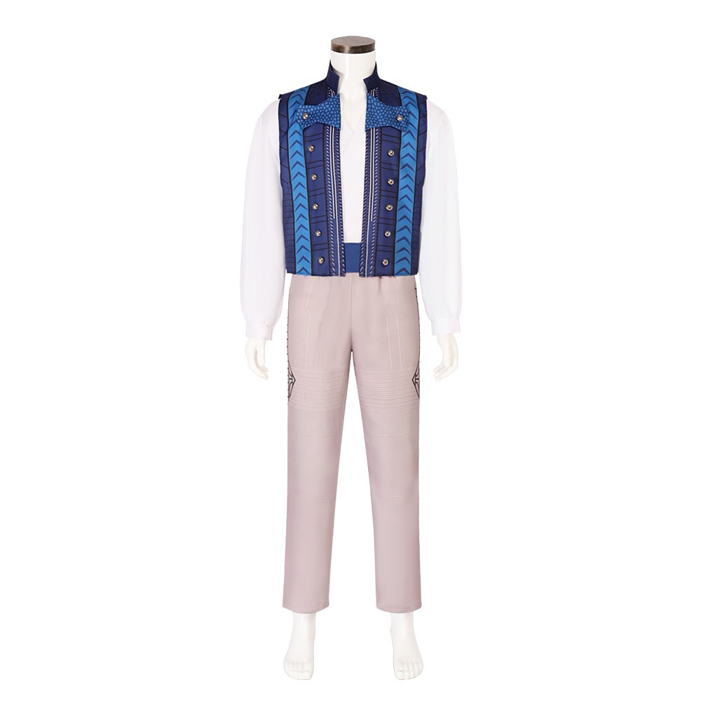 Wicked Fiyero Tigelaar prince cosplay costume with blue patterned vest, white shirt, sash and trousers