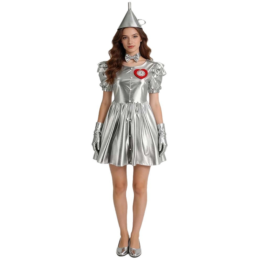 Women's silver metallic Tin Man dress with red clock-heart and funnel hat