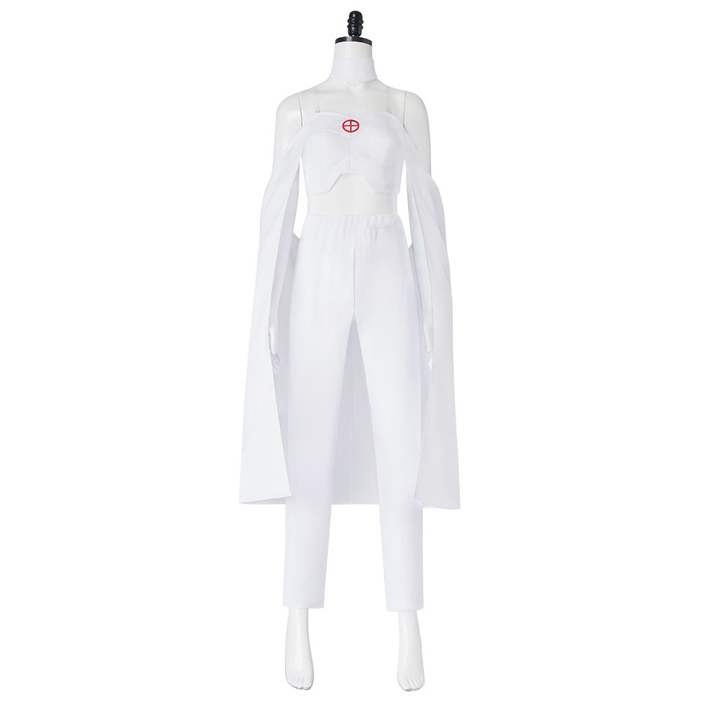 Jean Grey X-Men '97 white costume with strapless top, trousers, cape drapes and red X collar