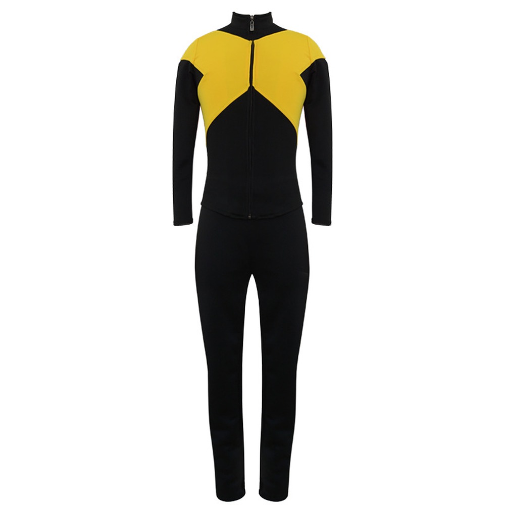 X-Men Dark Phoenix Jean Grey cosplay costume black and yellow zip-up top and pants, women's front view
