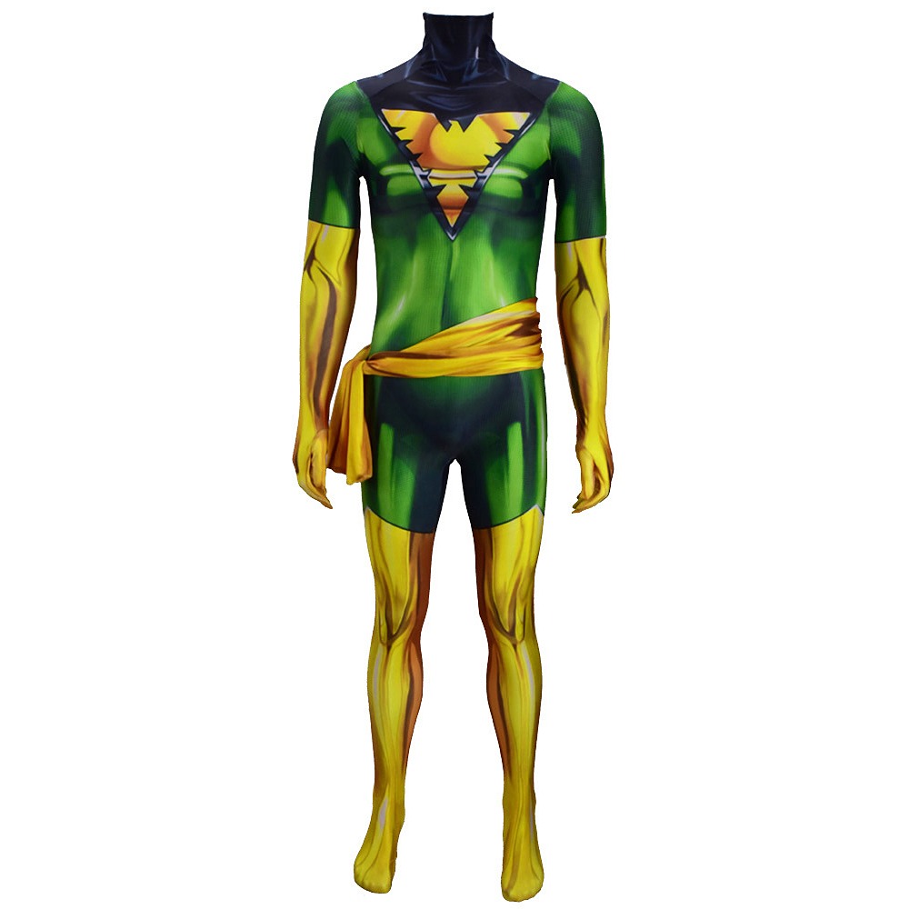 Jean Grey green Phoenix cosplay bodysuit with gold firebird chest emblem and gold waist sash