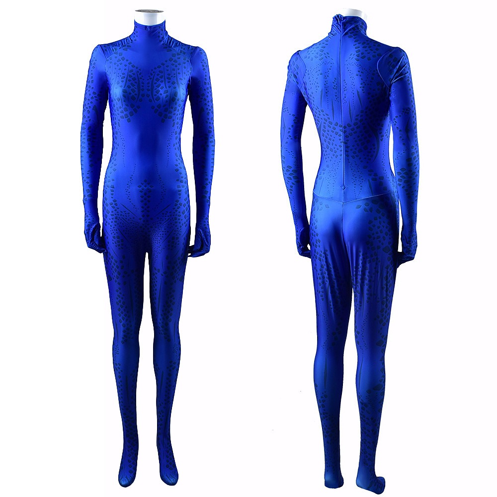 Front and back of the cobalt blue Mystique bodysuit with a printed scale pattern