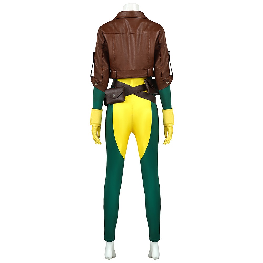 X-Men Rogue cosplay costume with yellow and green bodysuit, brown cropped jacket, belts and gloves