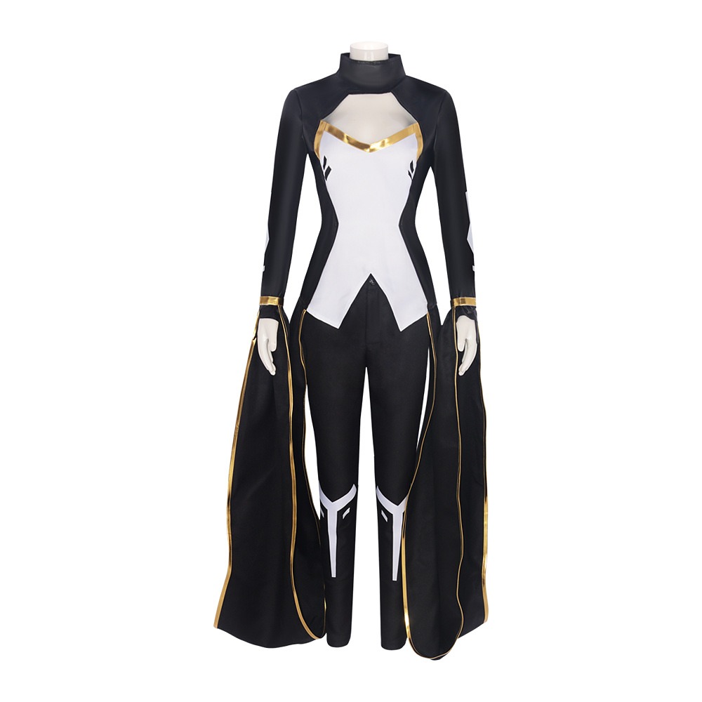 Storm cosplay costume with black top, gold-trimmed cape panels and black pants