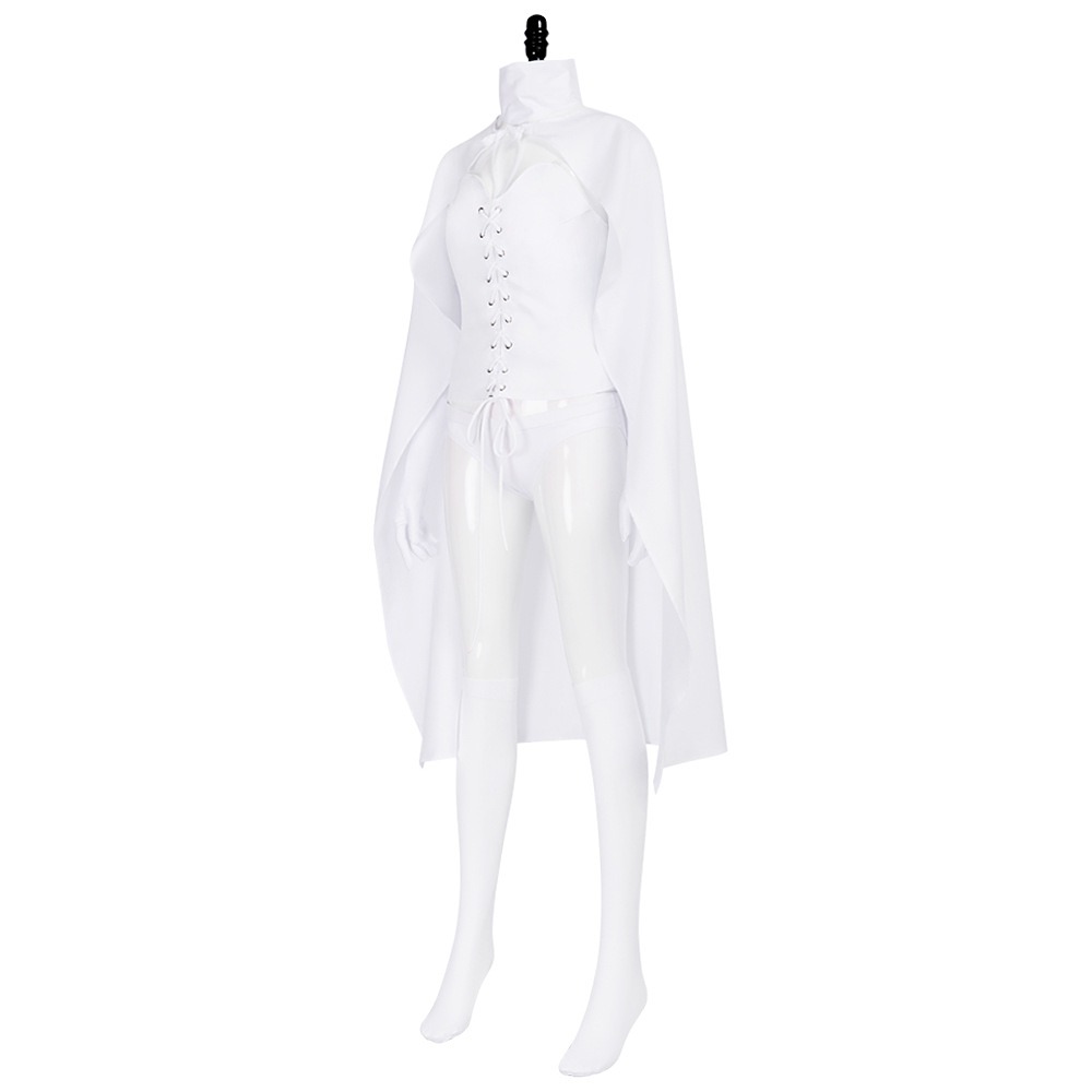 Emma Frost White Queen cosplay costume with white lace-up corset, cloak, collar and gloves