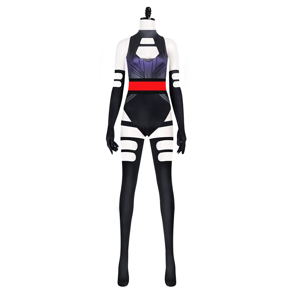 X-Men Apocalypse Psylocke black and purple bodysuit with red belt, long gloves and stockings