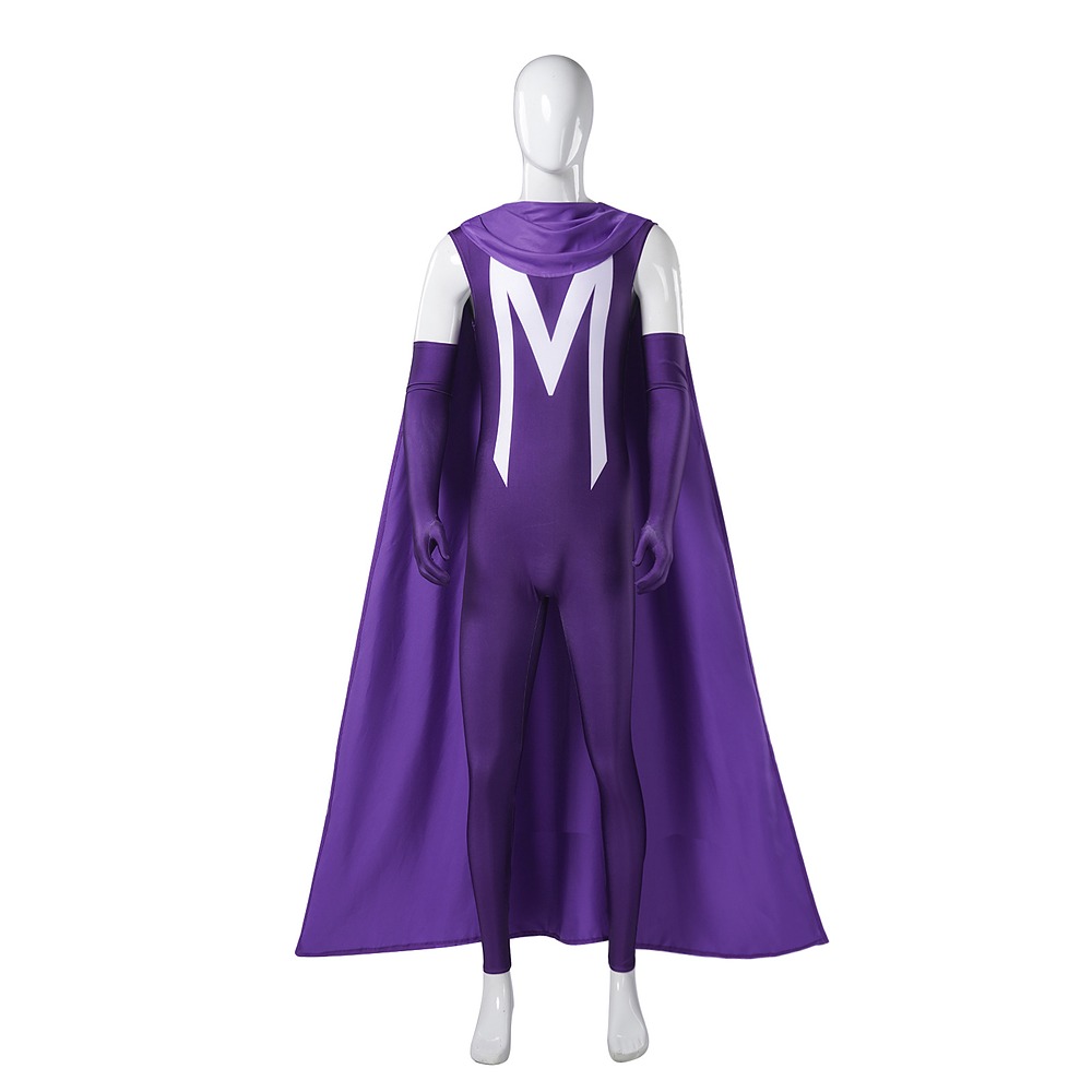 X-Men '97 Magneto purple sleeveless costume with white M emblem, long cape and purple opera gloves on a mannequin