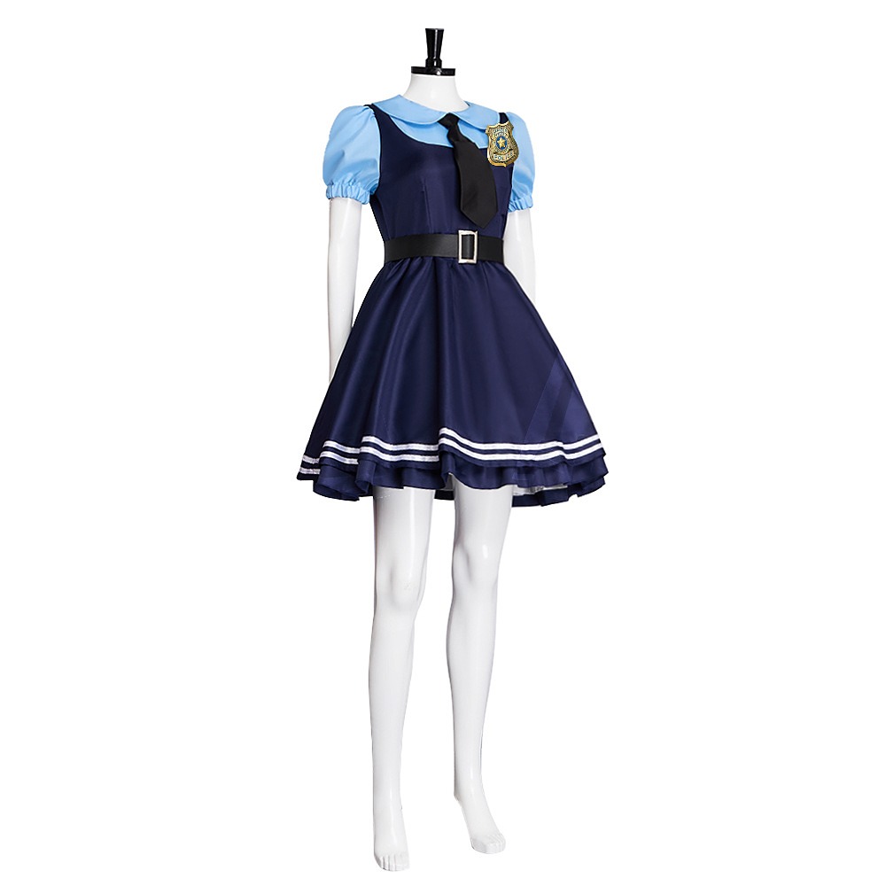 Zootopia 2 Judy Hopps navy and sky-blue police dress with black tie, gold badge, belt and ear headband