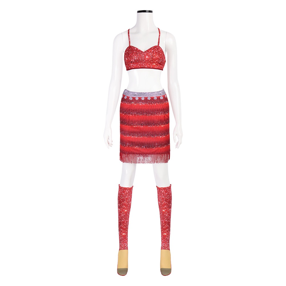 Zootopia Gazelle red sequin-print crop top, fringe mini skirt and matching leg warmers